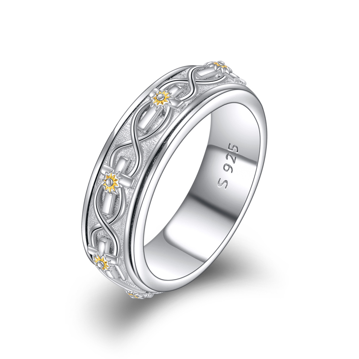Sterling Silber zweifarbig Sonnenblume & Kreuz Spinner Ring-1