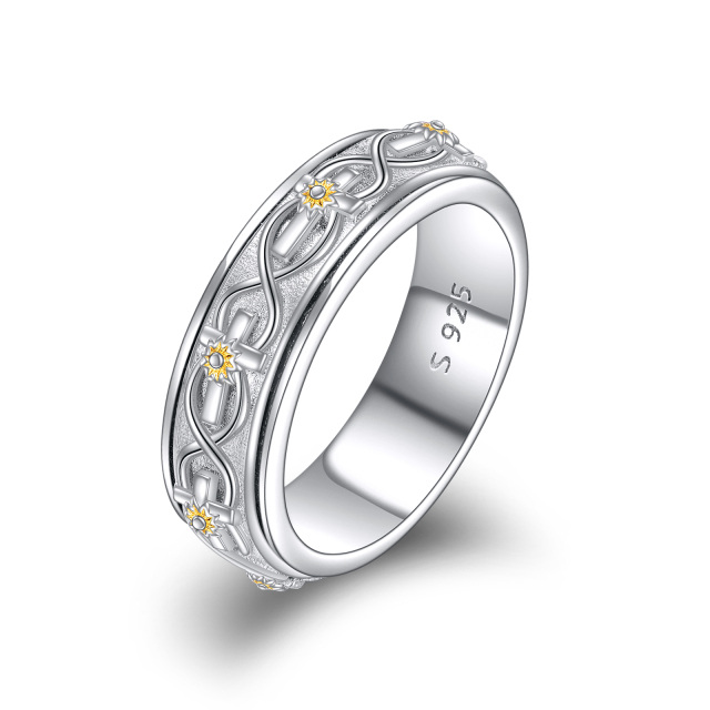 Sterling Silber zweifarbig Sonnenblume & Kreuz Spinner Ring-0