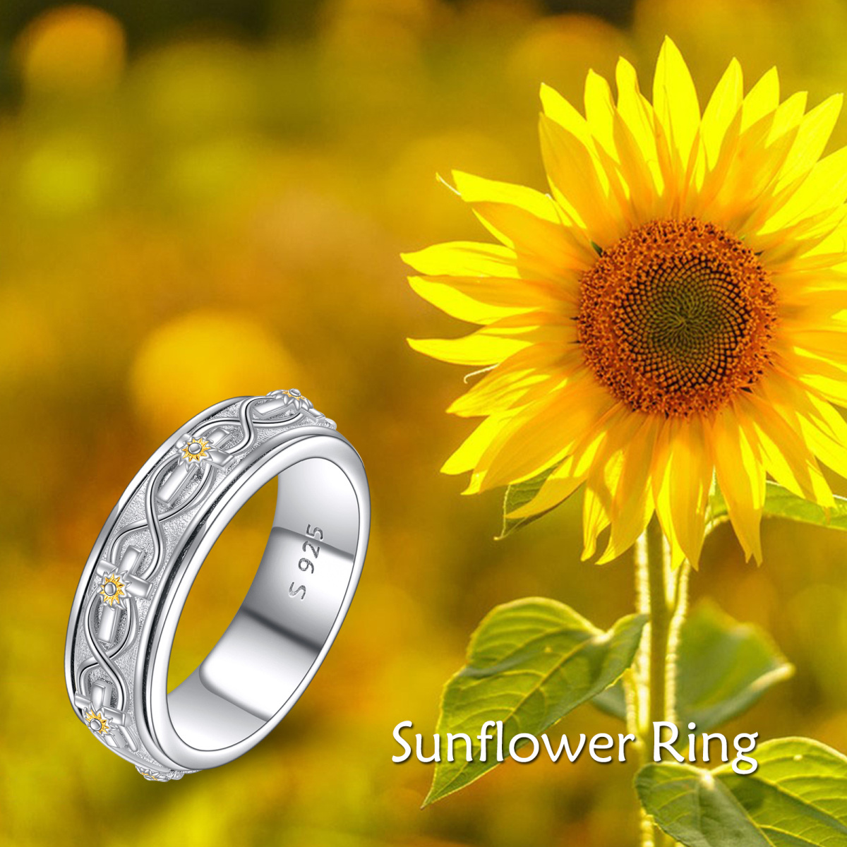 Sterling Silver Two-tone Sunflower & Cross Spinner Ring-6