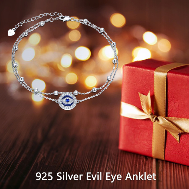 Sterling Silver Cubic Zirconia Evil Eye Multi-layered Anklet-6