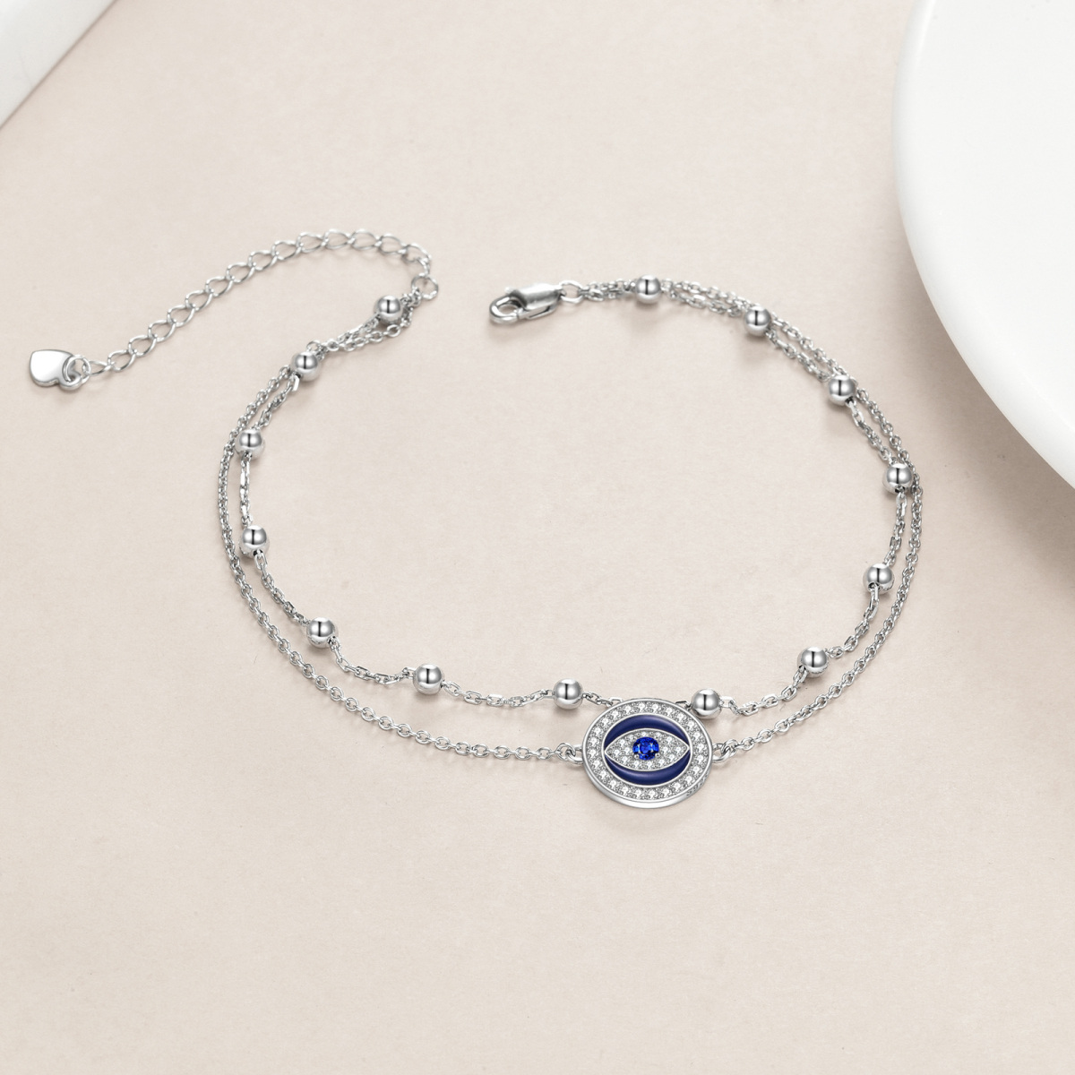 Sterling Silver Cubic Zirconia Evil Eye Multi-layered Anklet-3