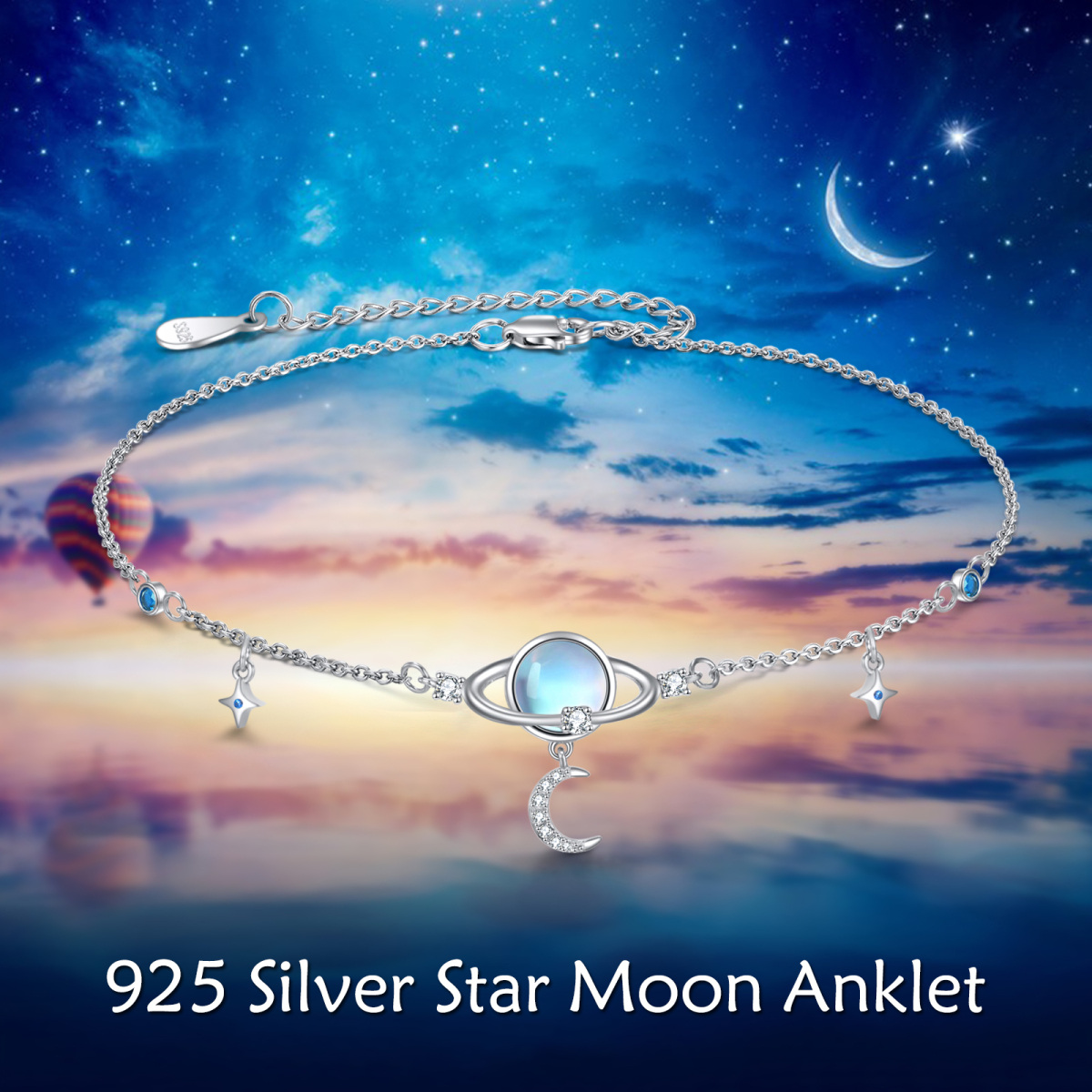 Sterling Silver Circular Shaped Moonstone Moon & Planet & Star Single Layer Anklet-6