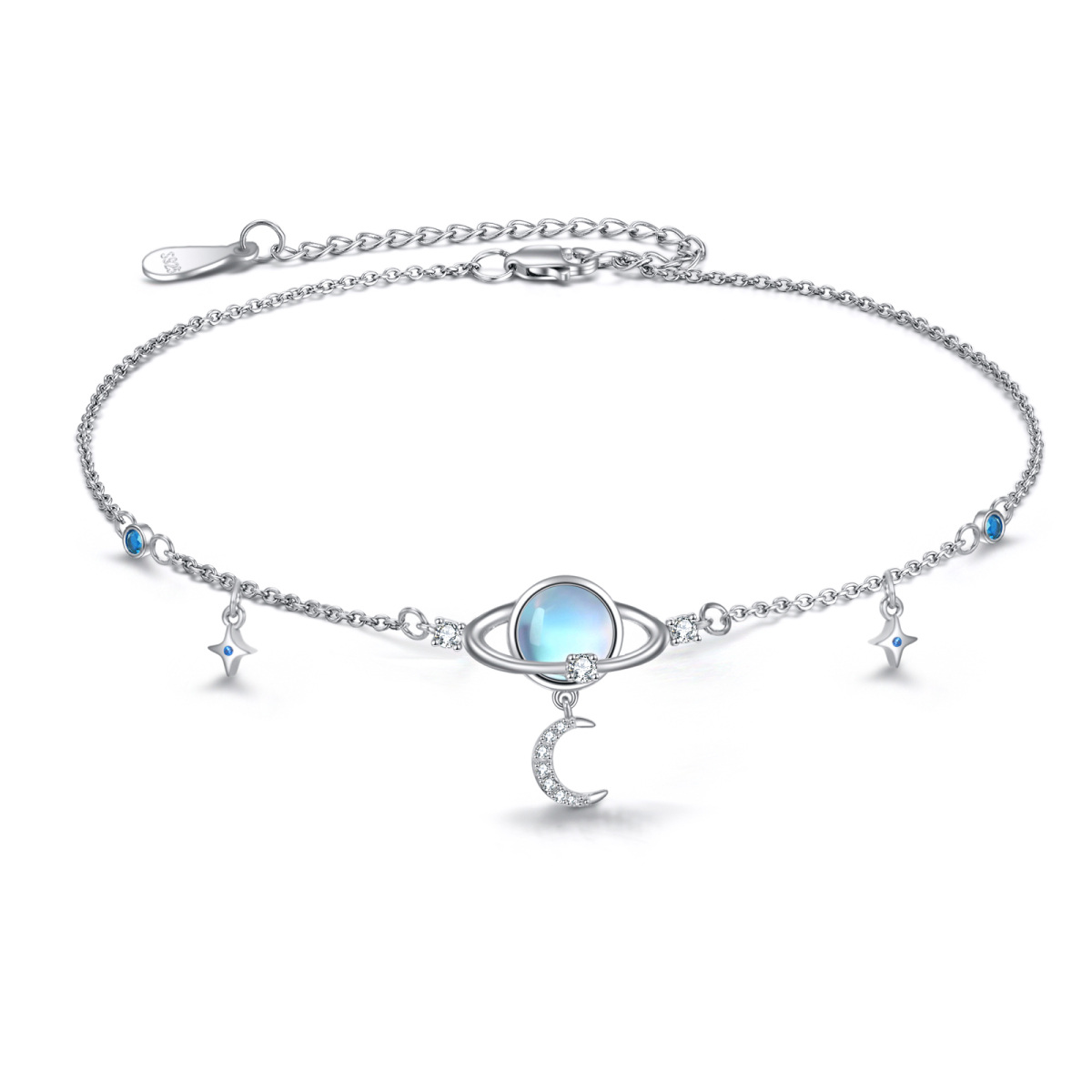 Sterling Silver Circular Shaped Moonstone Moon & Planet & Star Single Layer Anklet-1