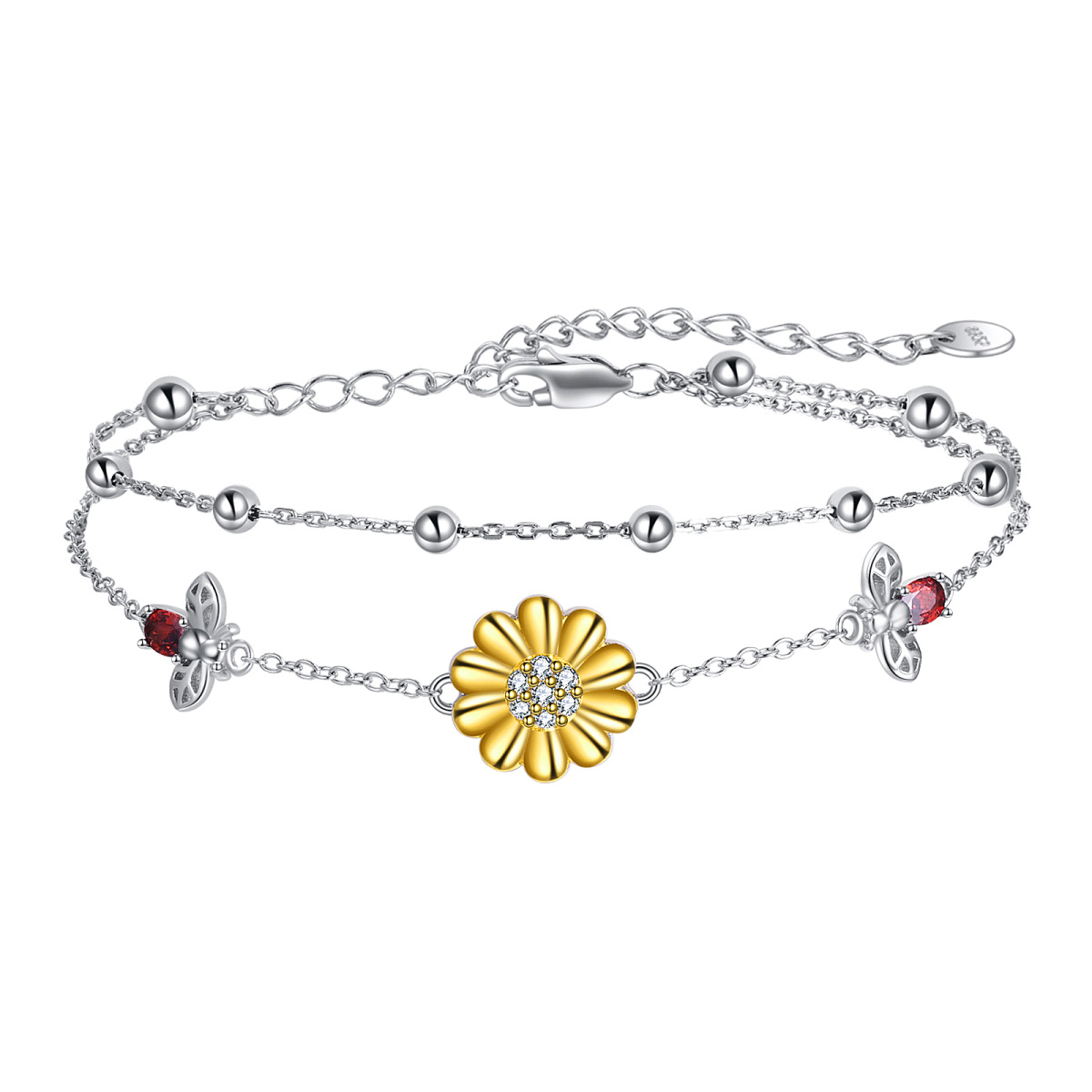 Zweifarbiges Armband aus Sterlingsilber mit Sonnenblumen-Anhänger und Zirkonia-1