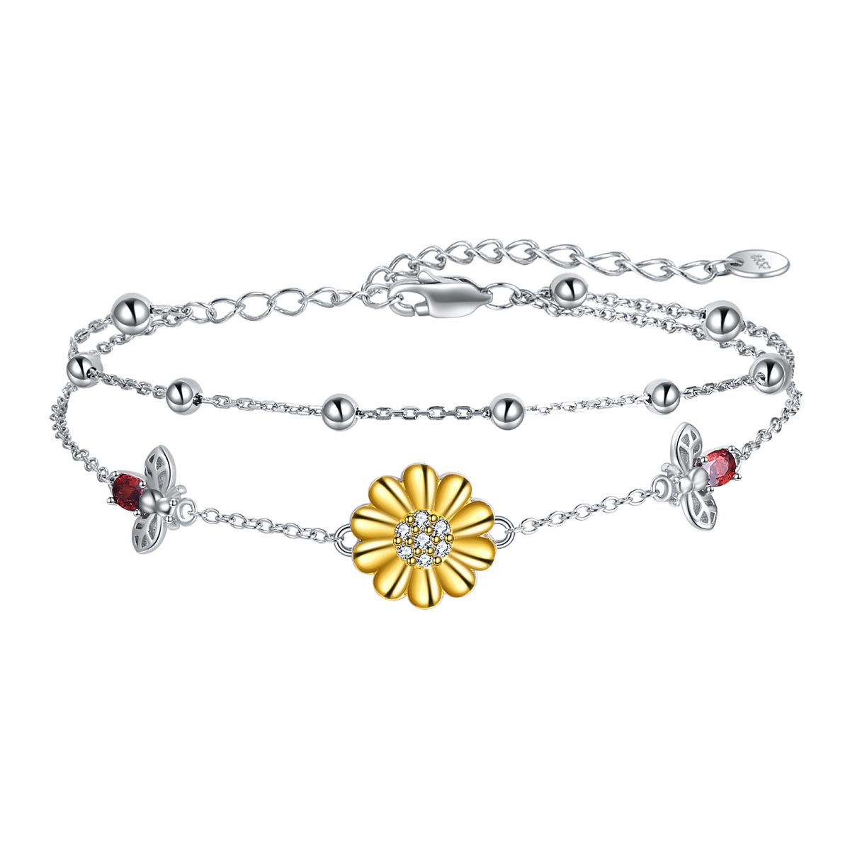 Pulsera con colgante de girasol y circonitas en dos tonos de plata de ley-1