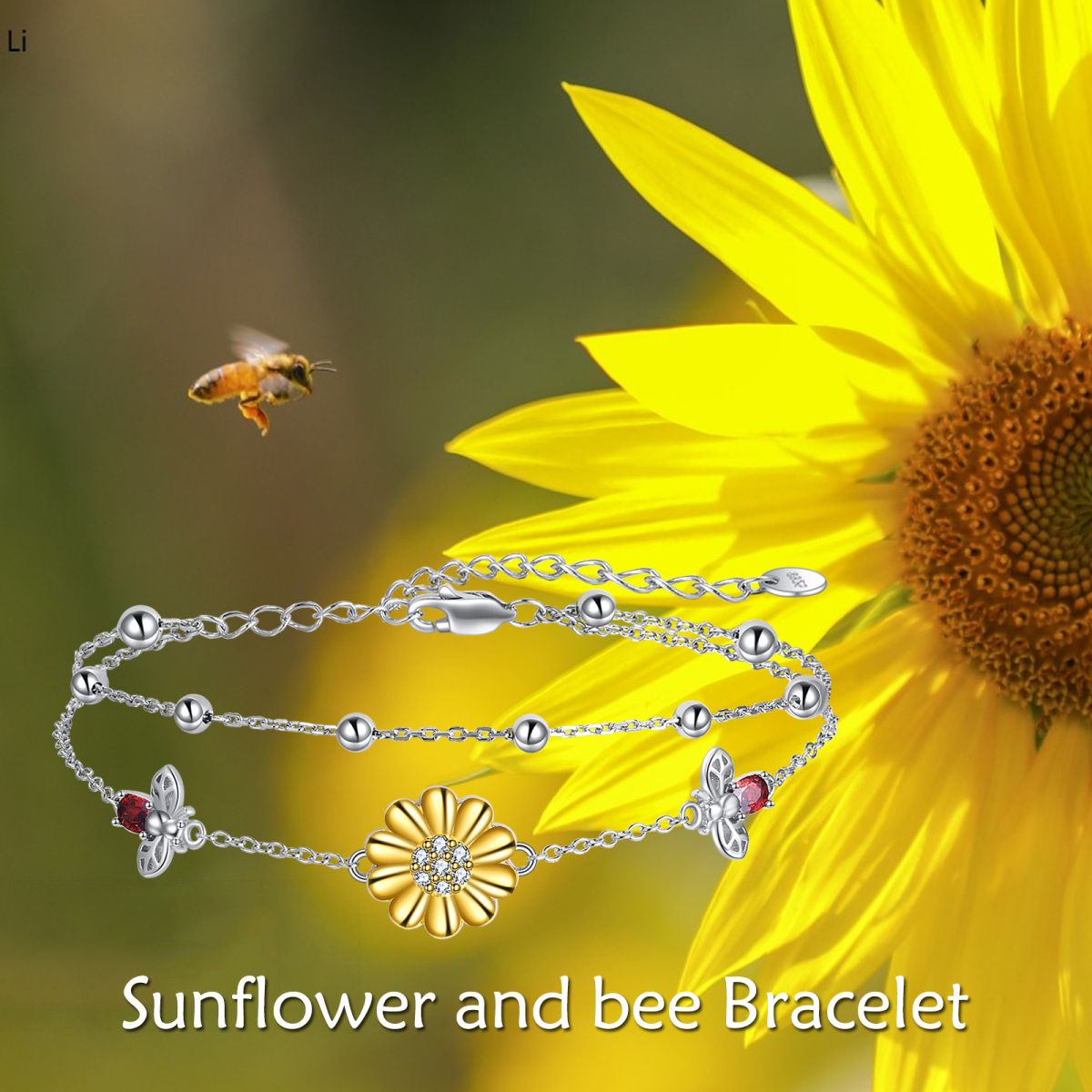 Pulsera con colgante de girasol y circonitas en dos tonos de plata de ley-6