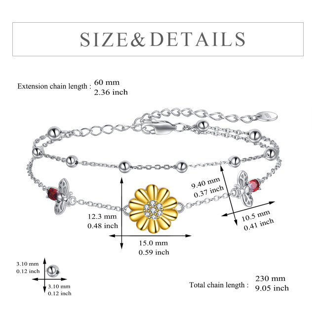 Sterling Silver Two-tone Zircon Sunflower Pendant Bracelet-4