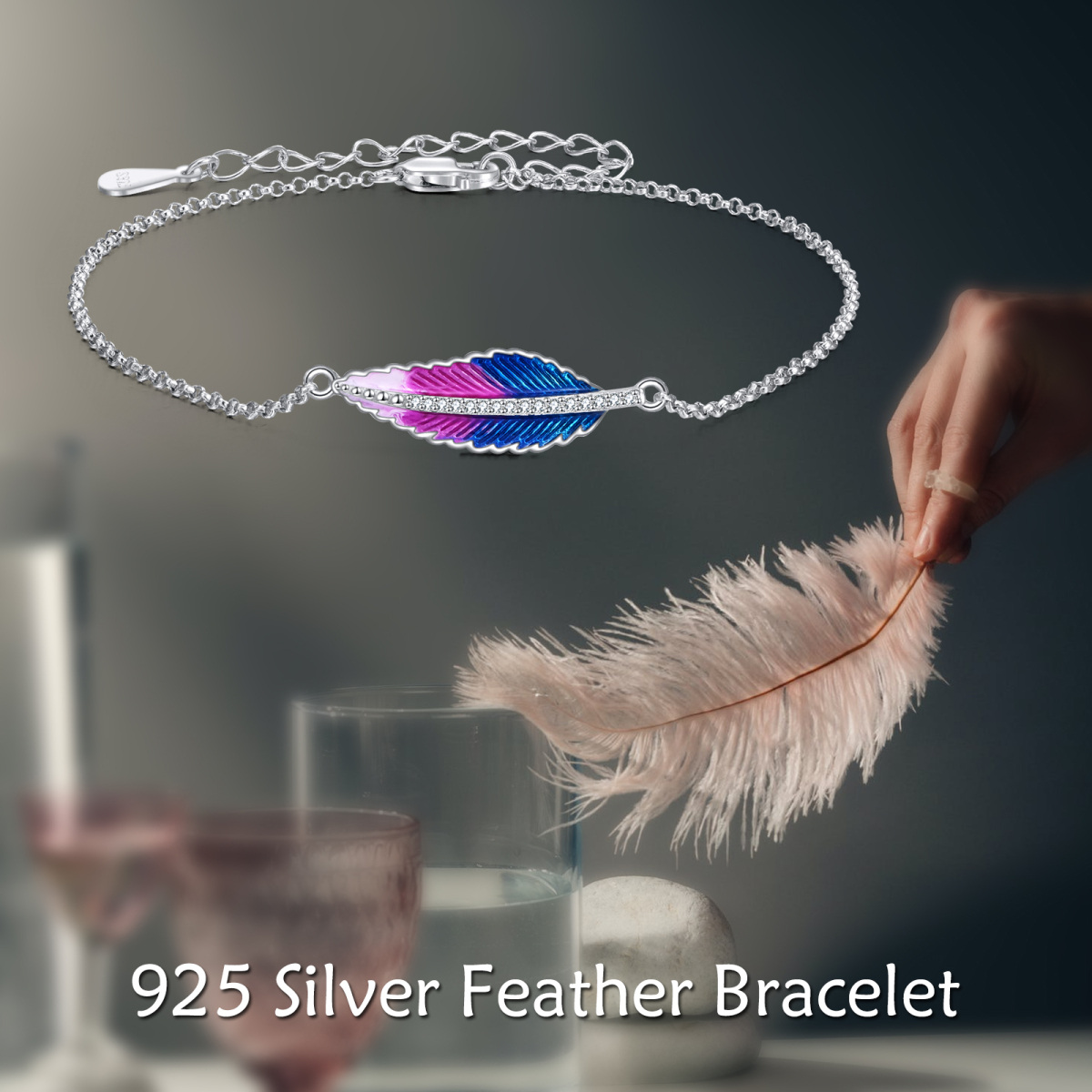 Sterling Silver Circular Shaped Cubic Zirconia Feather Pendant Bracelet-7