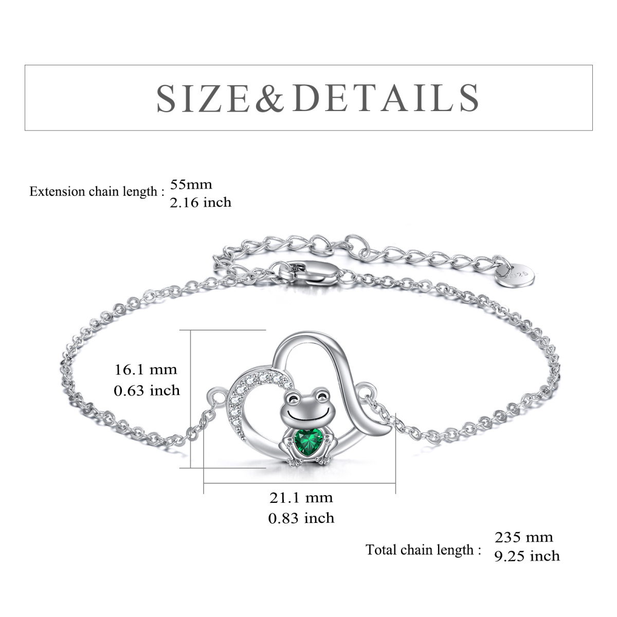 Sterling Silver Cubic Zirconia Frog & Heart Pendant Bracelet-5