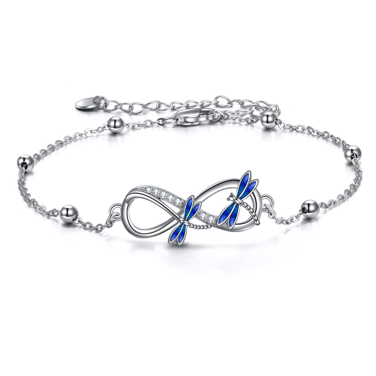 Sterling Silver Round Cubic Zirconia Dragonfly & Infinity Symbol Pendant Bracelet-1