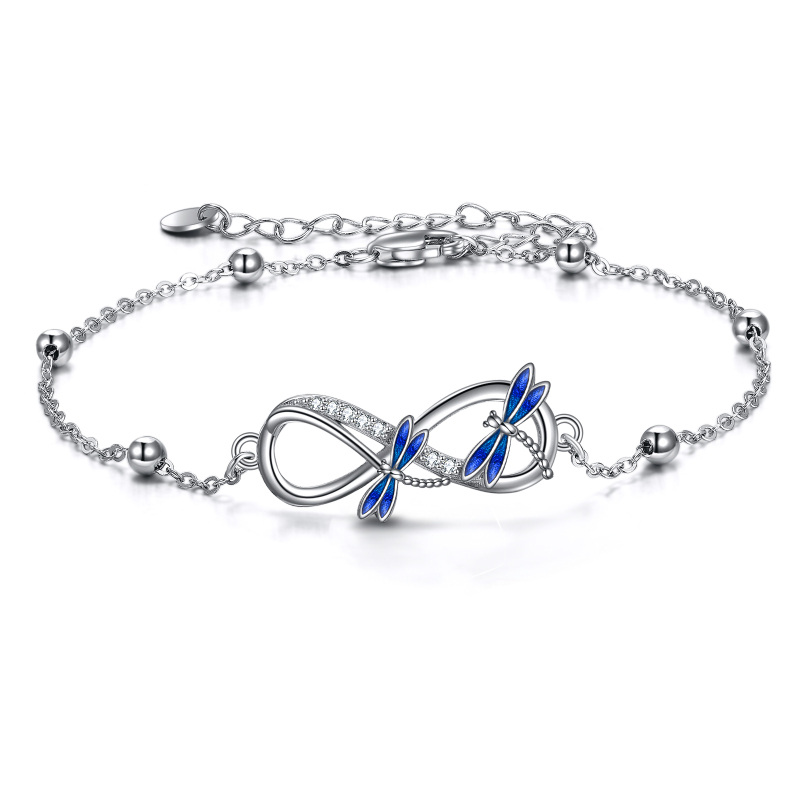 Sterling Silver Round Cubic Zirconia Dragonfly & Infinity Symbol Pendant Bracelet