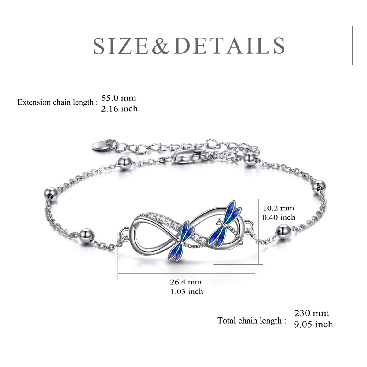 Sterling Silver Round Cubic Zirconia Dragonfly & Infinity Symbol Pendant Bracelet-6
