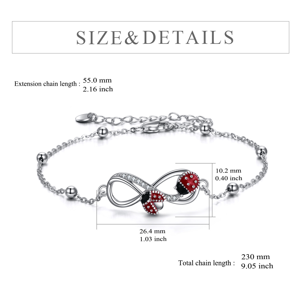 Bracelet en argent sterling avec pendentif coccinelle et symbole de l'infini en zirconium-6