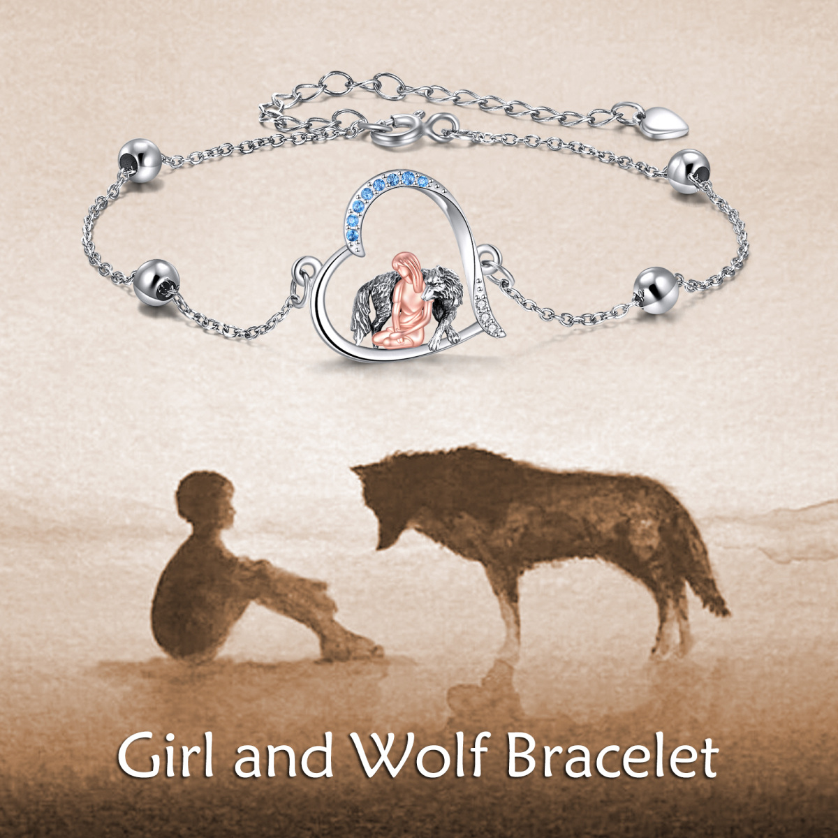 Sterling Silver Two-tone Round Zircon Wolf & Heart Pendant Bracelet-6