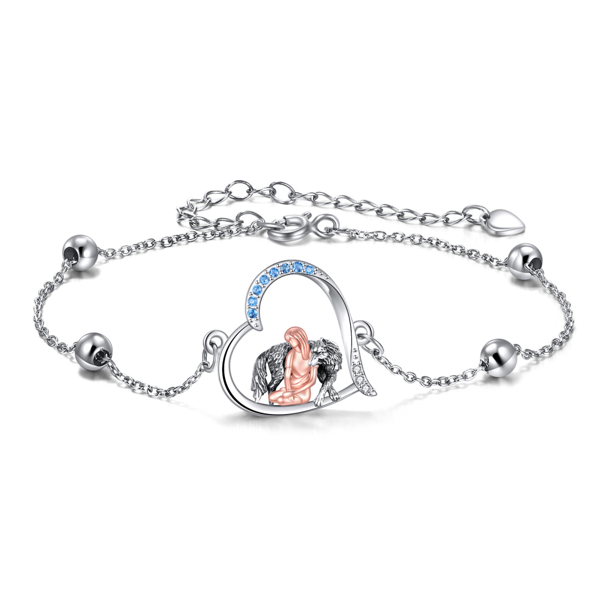 Sterling Silver Two-tone Round Zircon Wolf & Heart Pendant Bracelet-1