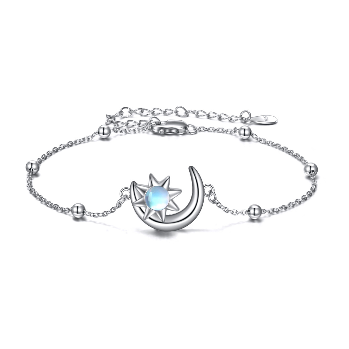 Sterling Silver Moonstone Moon & Star Bead Station Chain Bracelet-1