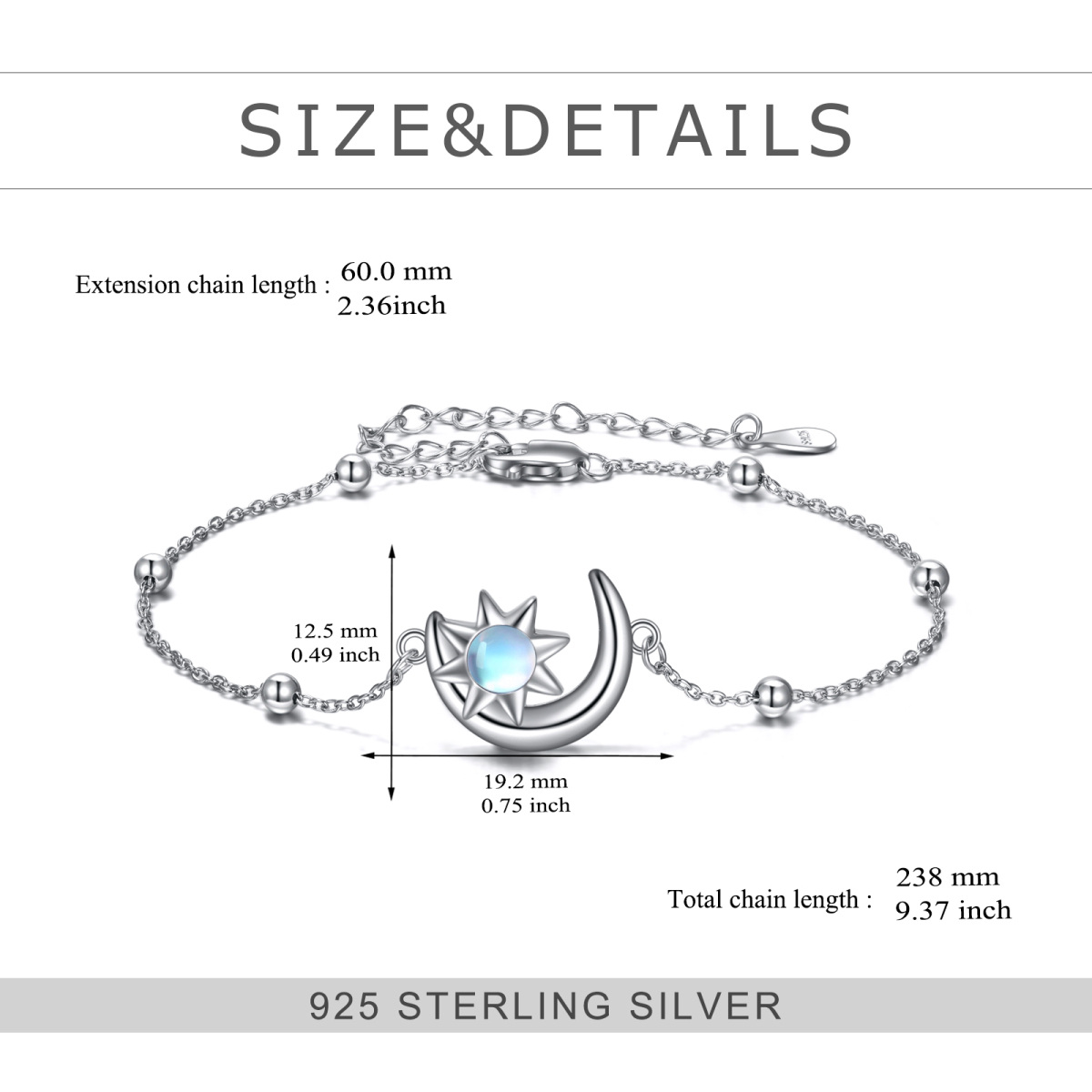 Bracelet de chaîne en argent sterling avec perles de lune et d'étoile en pierre de lune-5