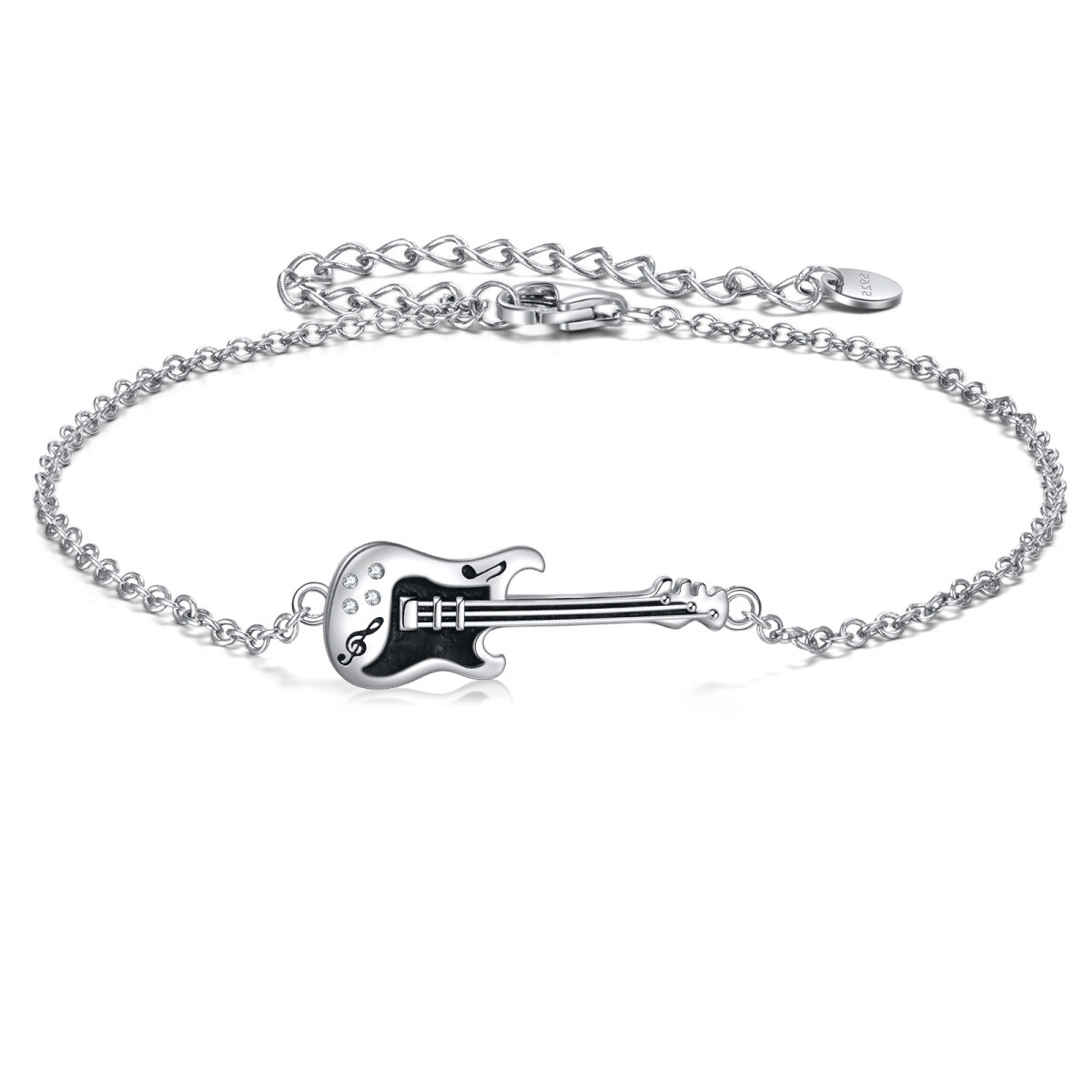 Pulsera con colgante de guitarra con circonita cúbica redonda de plata de ley-1