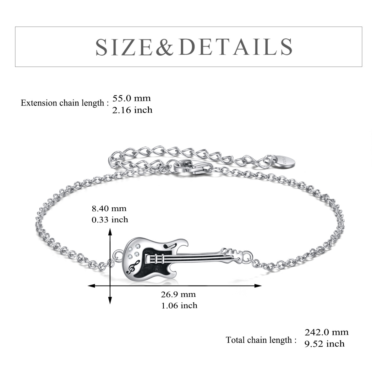 Sterling Silver Round Cubic Zirconia Guitar Pendant Bracelet-6