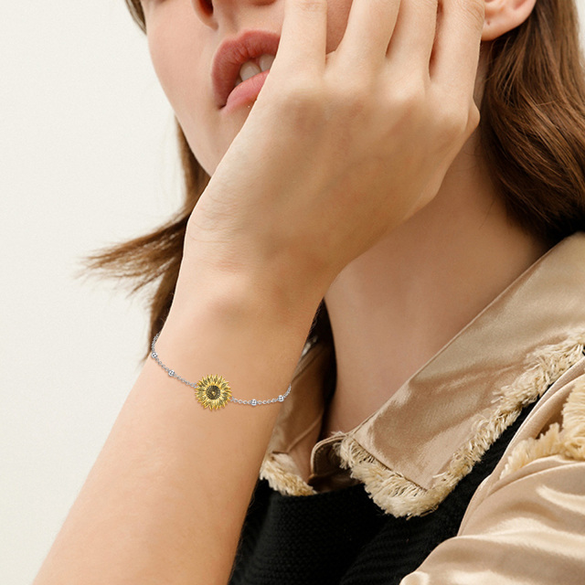 Zweifarbiges Armband mit Sonnenblumen-Anhänger aus Sterlingsilber mit Perlenstationskette-1
