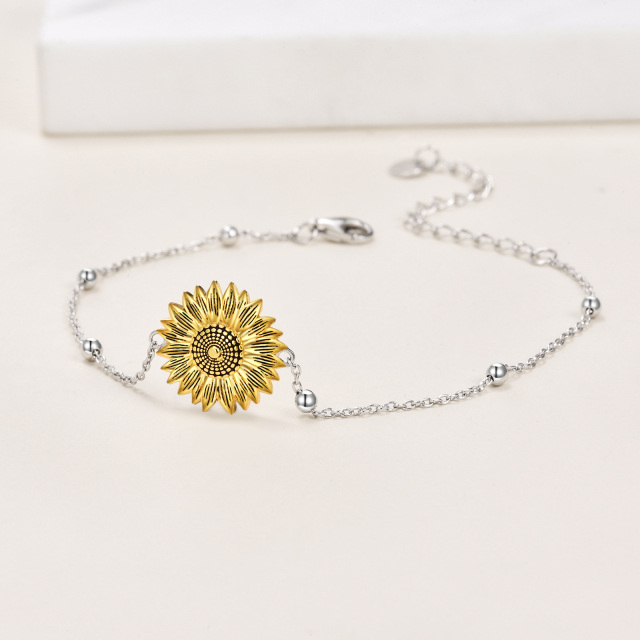 Sterling Silver Two-tone Sunflower Pendant Bracelet with Bead Station Chain-2