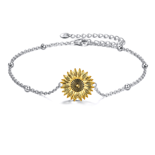 Sterling Silver Two-tone Sunflower Pendant Bracelet with Bead Station Chain-0