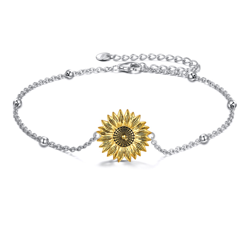 Sterling Silver Two-tone Sunflower Pendant Bracelet with Bead Station Chain