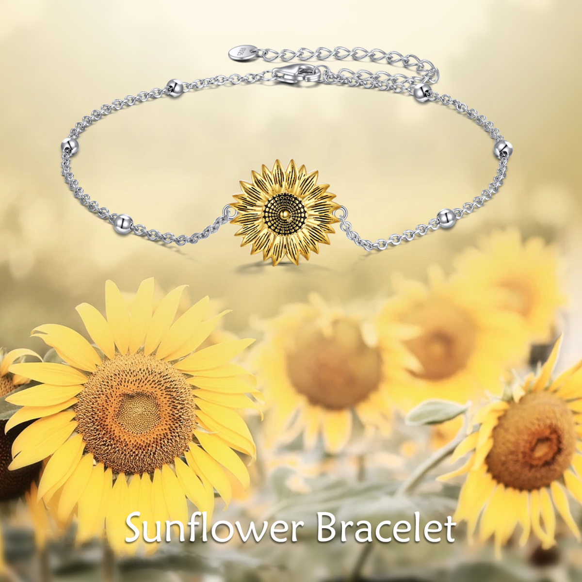 Sterling Silver Two-tone Sunflower Pendant Bracelet with Bead Station Chain-6
