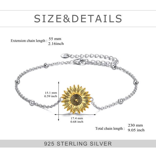 Sterling Silver Two-tone Sunflower Pendant Bracelet with Bead Station Chain-4