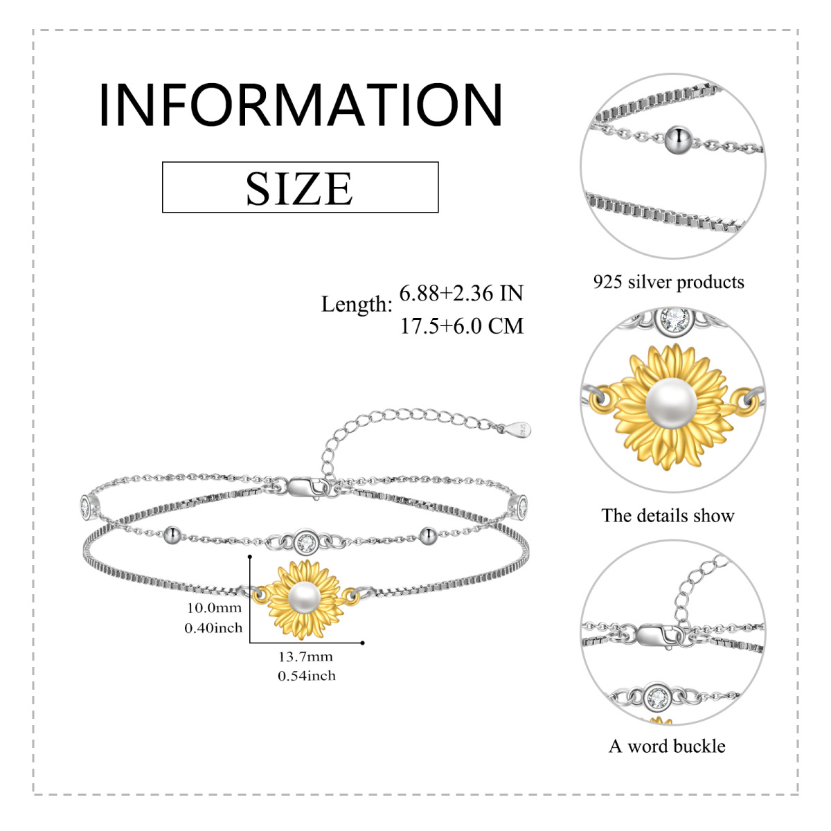 Zweifarbiges, mehrlagiges Armband aus Sterlingsilber mit runden Perlen und Sonnenblumen-6