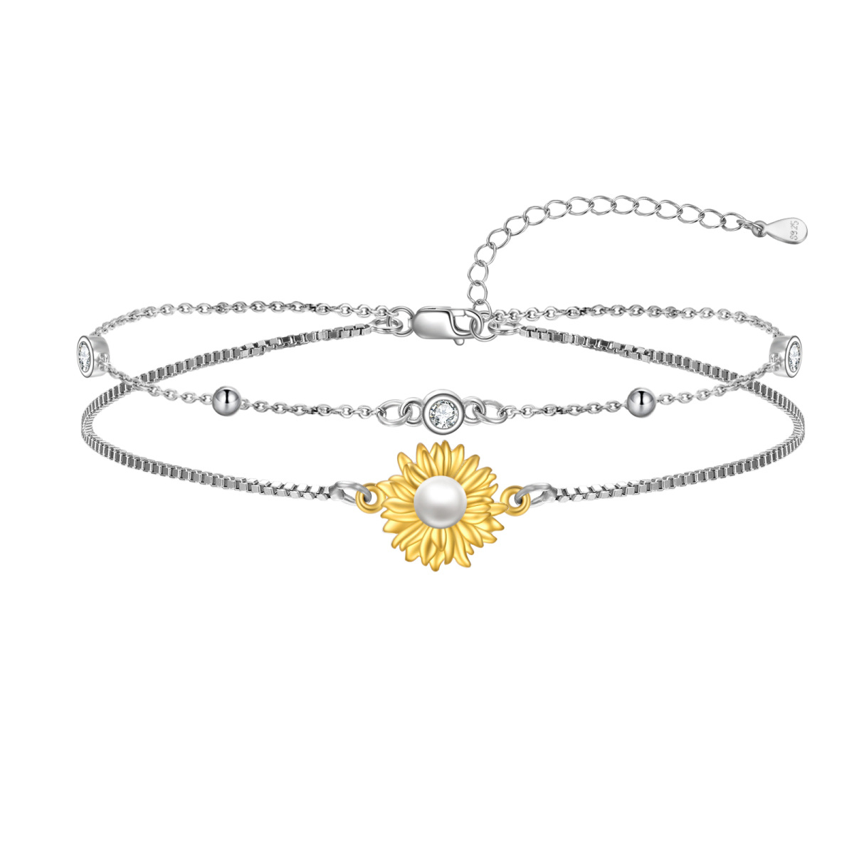 Sterling Silver Two-tone Circular Shaped Pearl Sunflower Layerered Bracelet-1