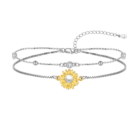 Sterling Silver Two-tone Circular Shaped Pearl Sunflower Layerered Bracelet