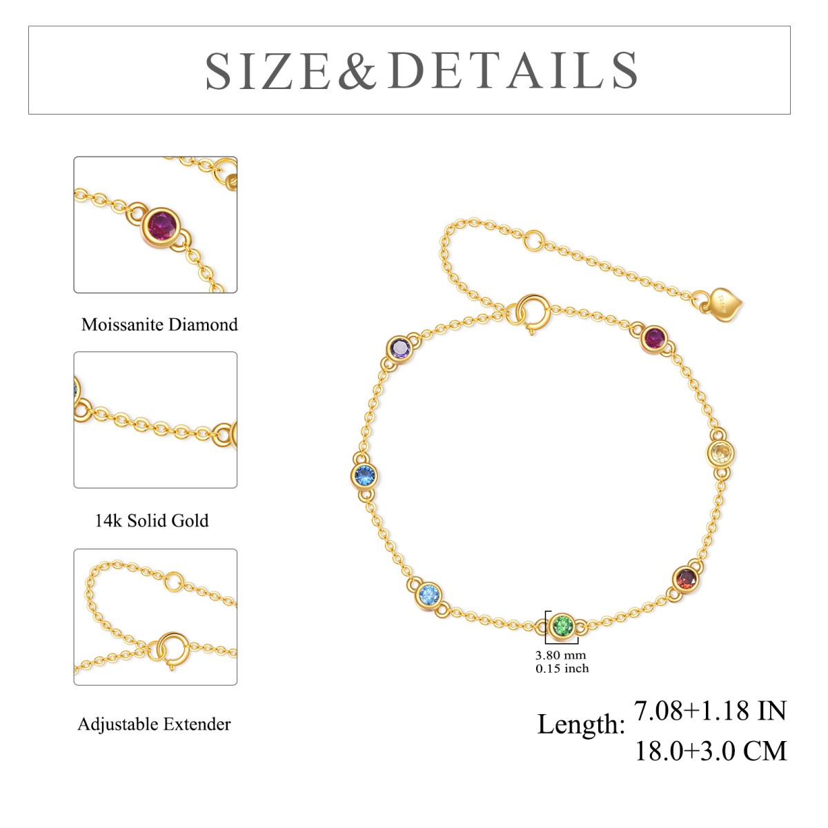 14K Gold Cubic Zirconia Rainbow Pendant Bracelet-6