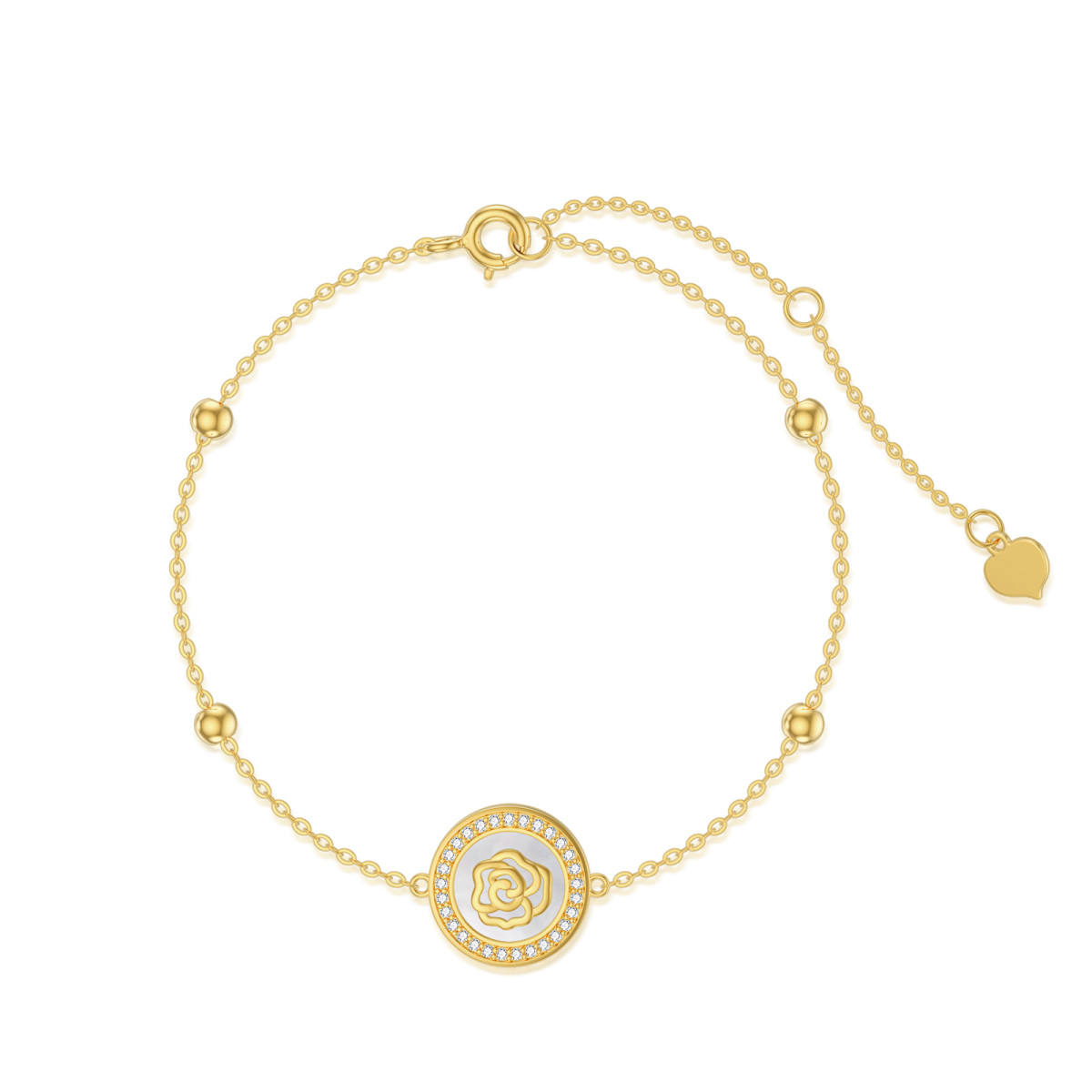 14K Gold Circular Shaped Mother Of Pearl Rose Pendant Bracelet-1