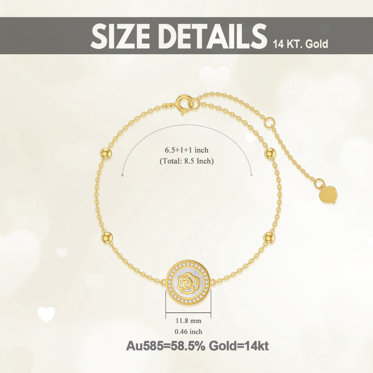 14K Gold Circular Shaped Mother Of Pearl Rose Pendant Bracelet-5
