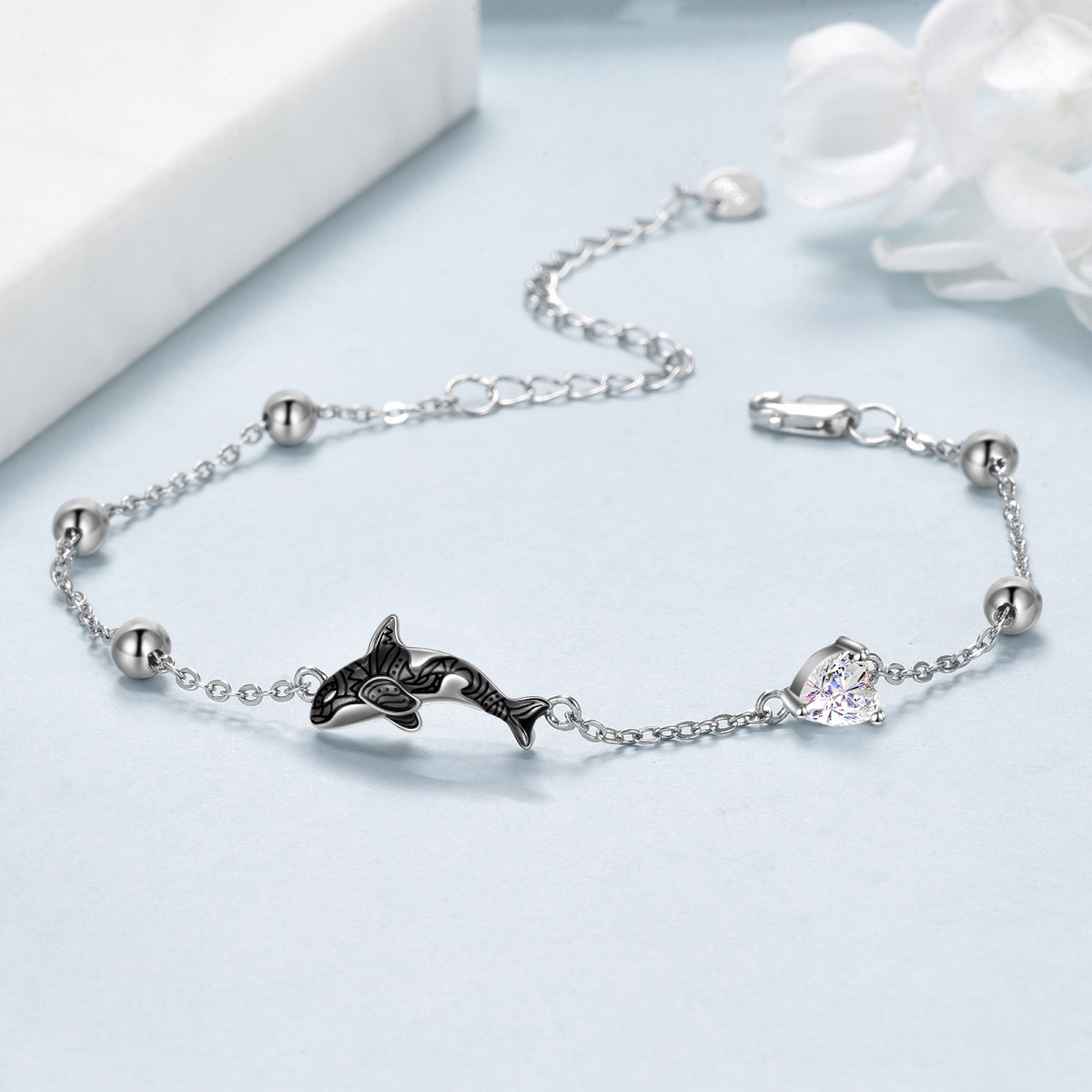 Sterling Silver Cubic Zirconia Whale Pendant Bracelet-5