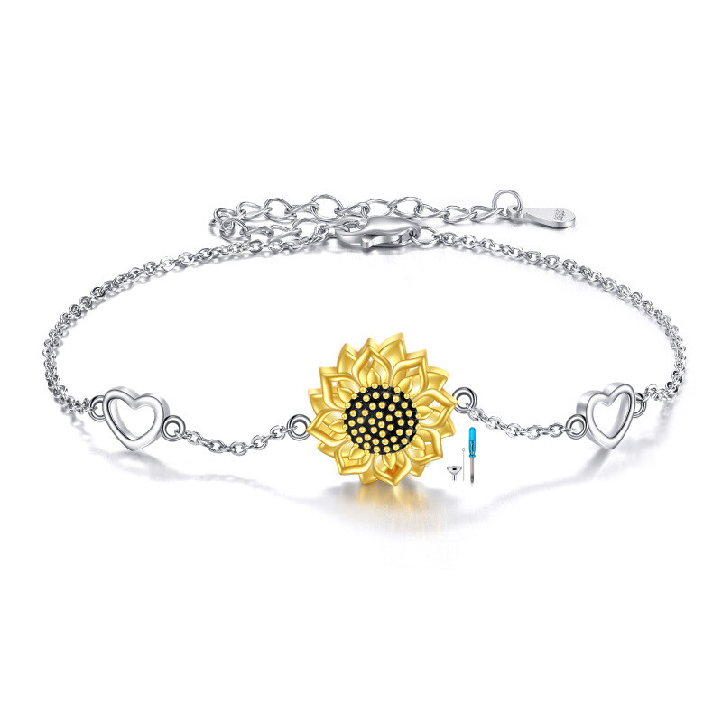 Sterling Silver Two-tone Sunflower Urn Bracelet for Ashes Adorned with Heart