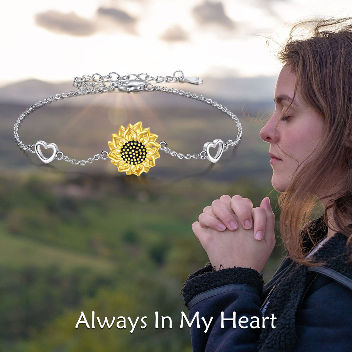 Pulsera de plata de ley bicolor Girasol para cenizas adornada con corazón-6