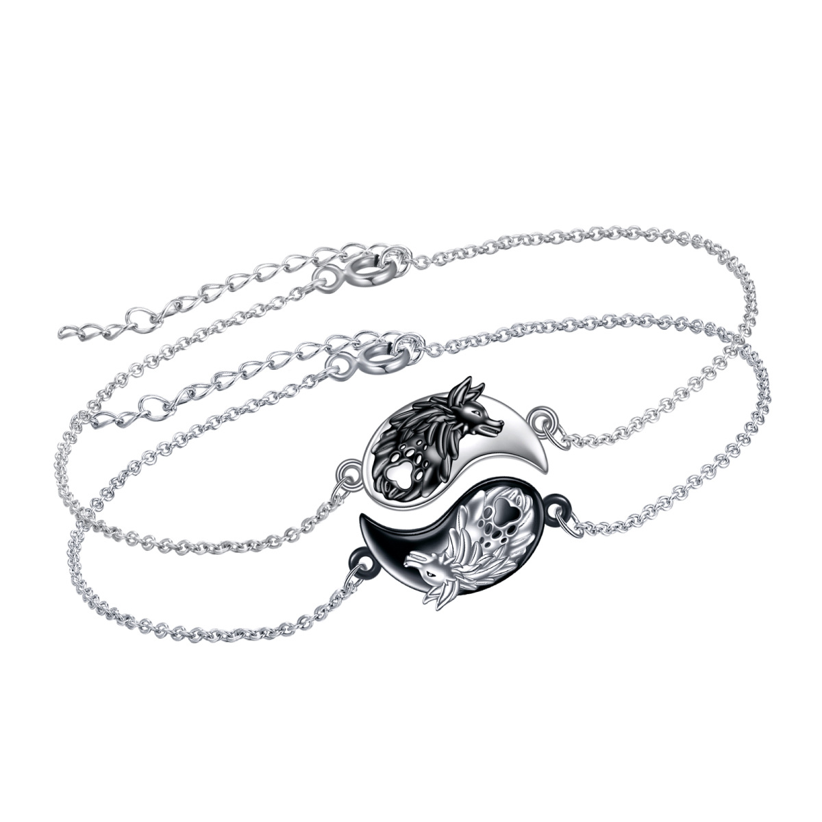 Bracelet en argent sterling avec pendentif loup et yin yang bicolore-1