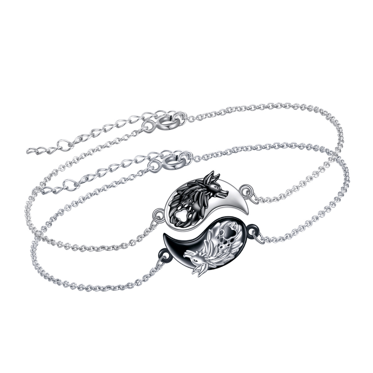 Sterling Silver Two-tone Wolf & Yin Yang Pendant Bracelet-1