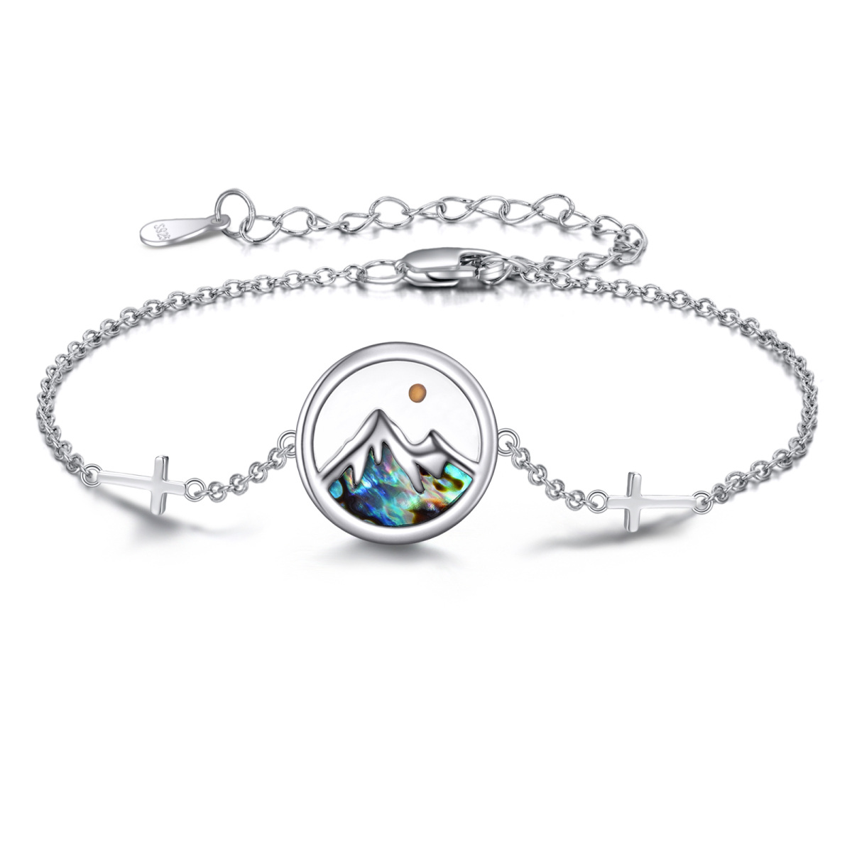 Bracelet en argent sterling avec pendentif Abalone Shellfish Cross & Mountains avec mot gr-1