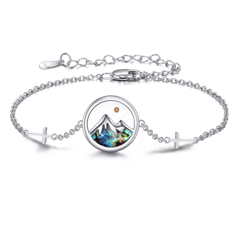 Sterling Silver Abalone Shellfish Cross & Mountains Pendant Bracelet with Engraved Word