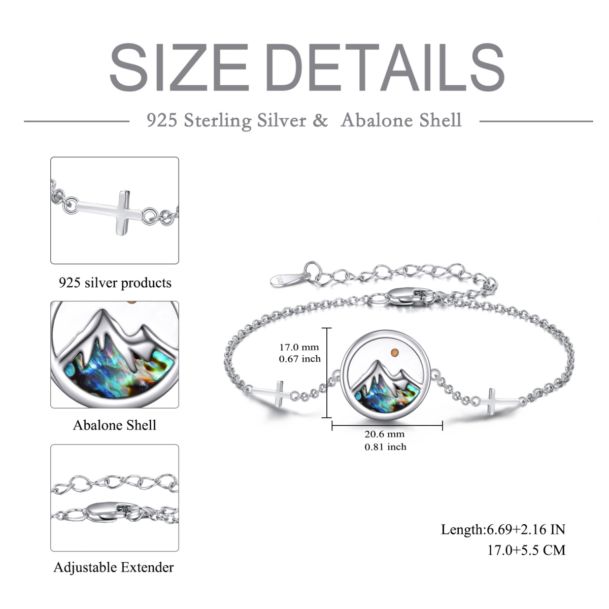 Bracelet en argent sterling avec pendentif Abalone Shellfish Cross & Mountains avec mot gr-6