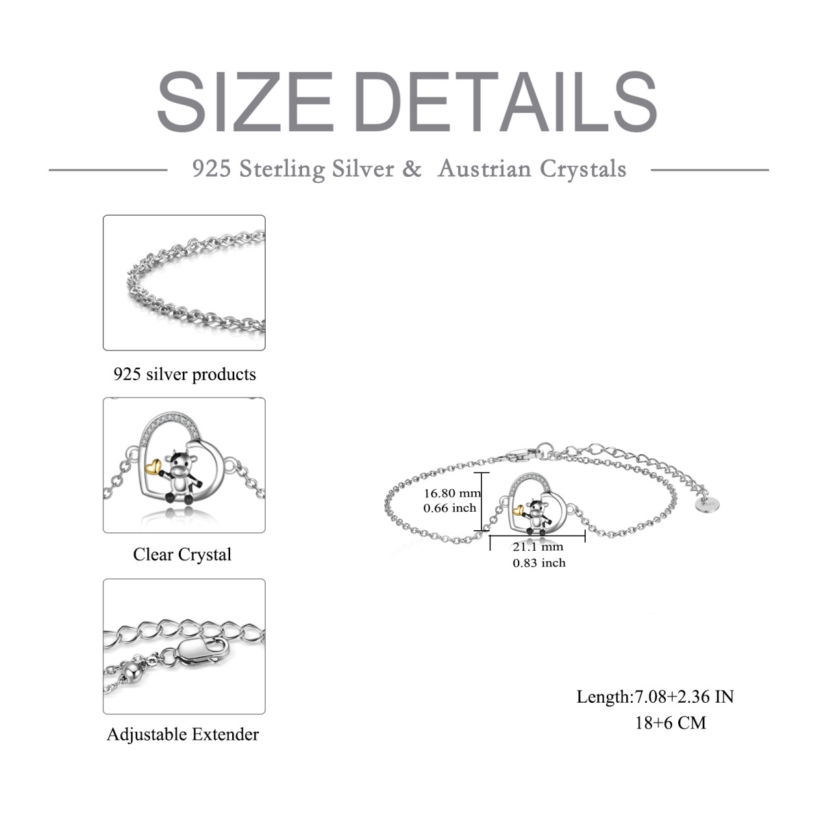 Sterling Silber zweifarbig kreisförmig Cubic Zirkonia Kuh & Herz Anhänger Armband-5