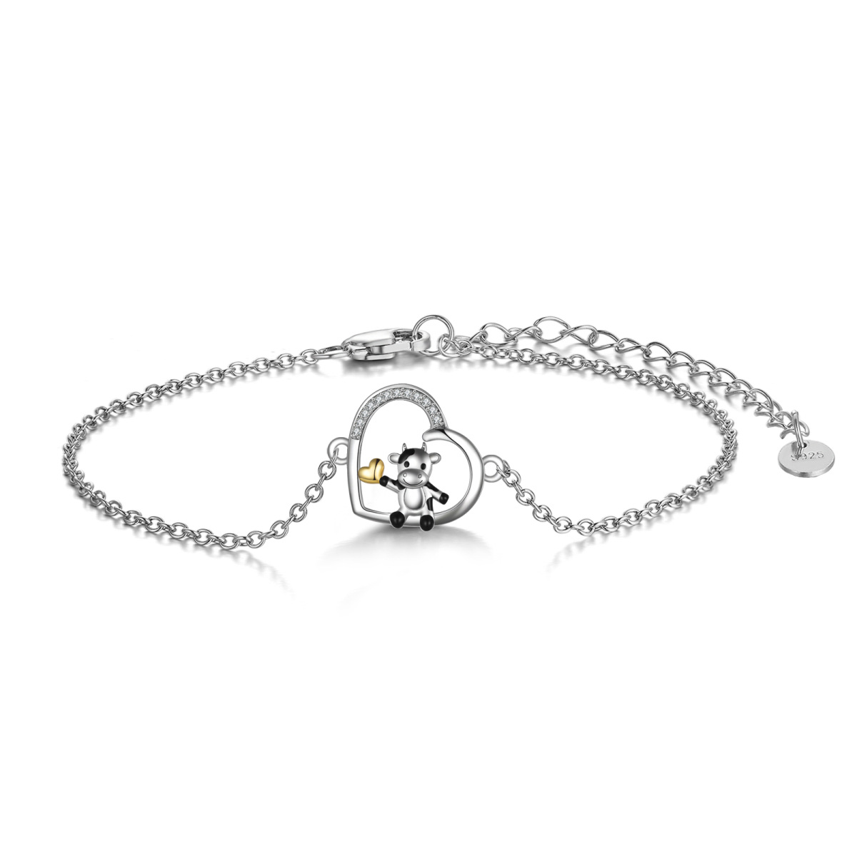 Bracelet en argent sterling bicolore avec pendentif vache et coeur en zircon cubique-1