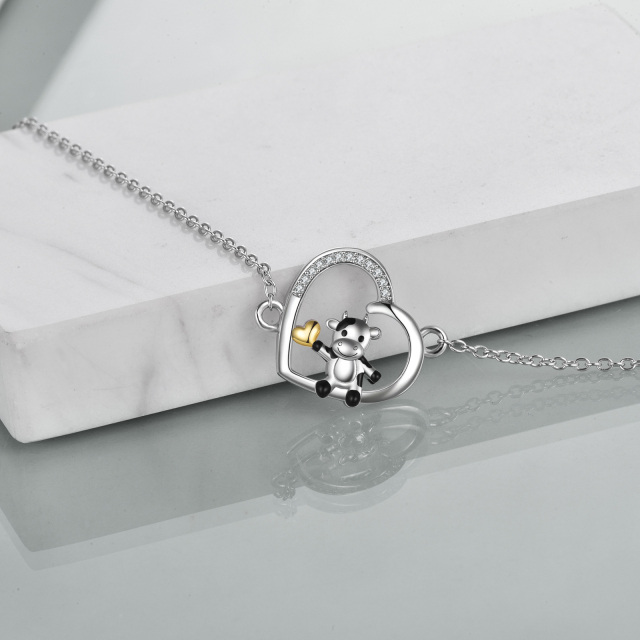 Sterling Silver Two-tone Circular Shaped Cubic Zirconia Cow & Heart Pendant Bracelet-2