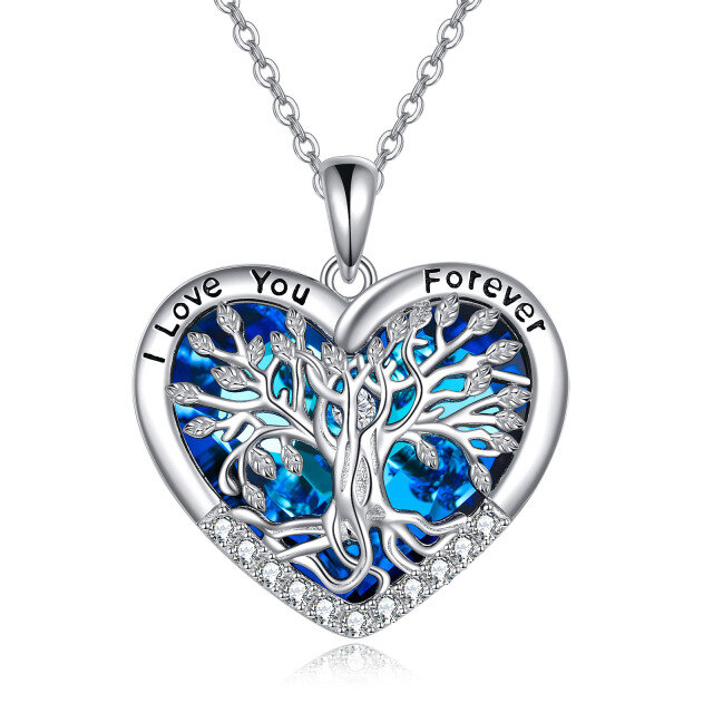 Sterling Silver Tree Of Life Heart Blue Crystal Pendant Necklace-3