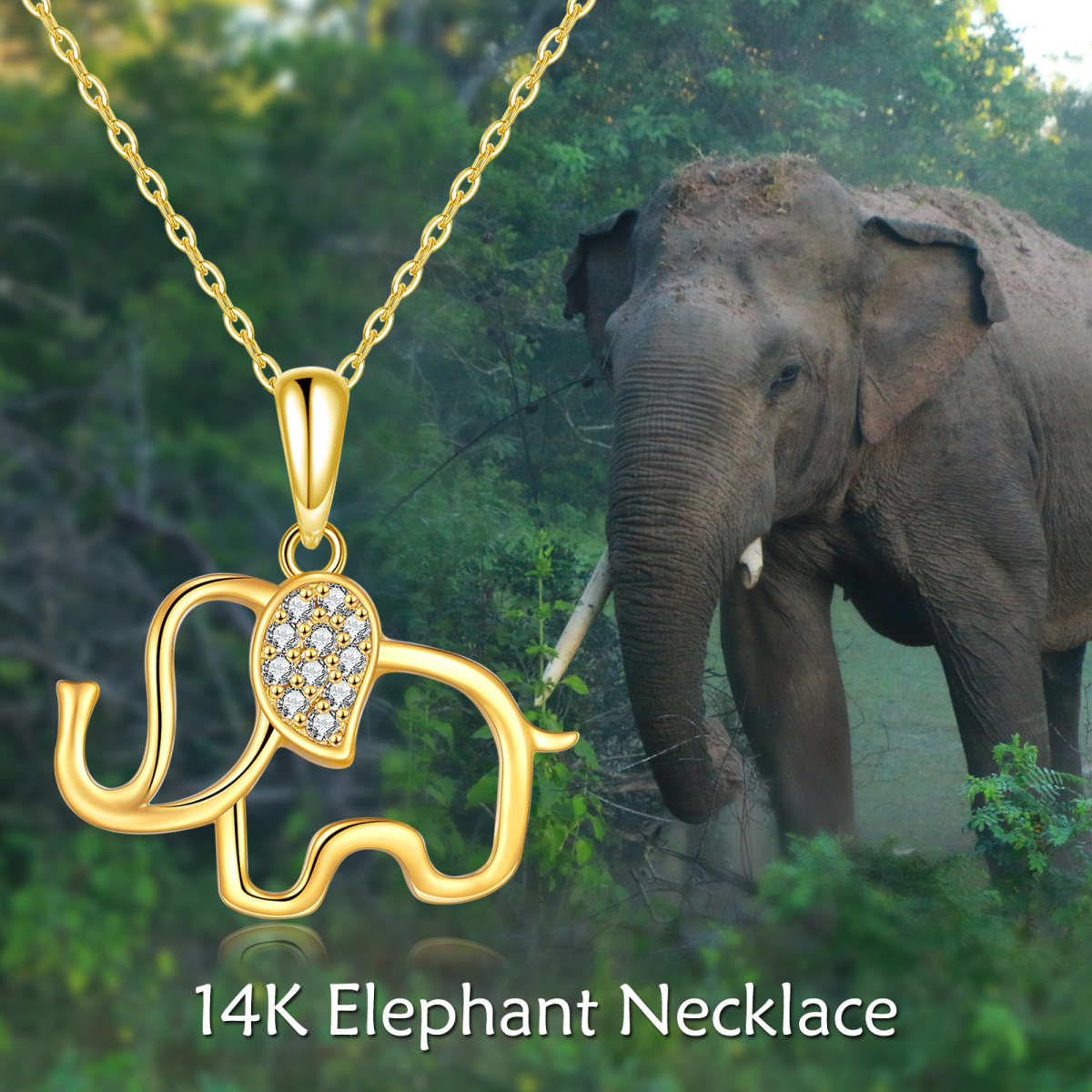 14K Gold Circular Shaped Cubic Zirconia Elephant Pendant Necklace-6