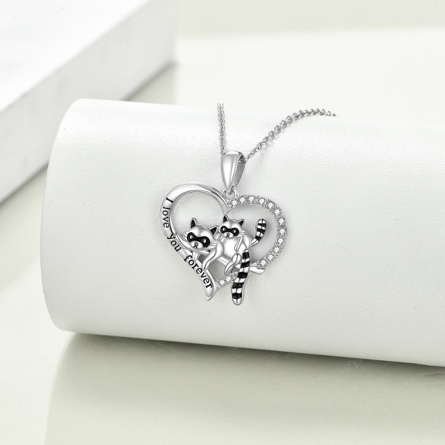 Sterling Silver Round Zircon Raccoon & Heart Pendant Necklace with Engraved Word-2