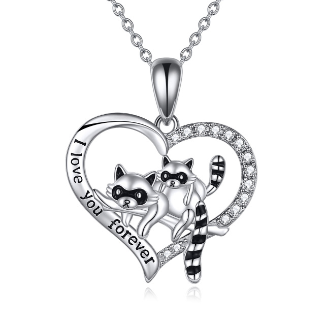 Sterling Silver Round Zircon Raccoon & Heart Pendant Necklace with Engraved Word-0